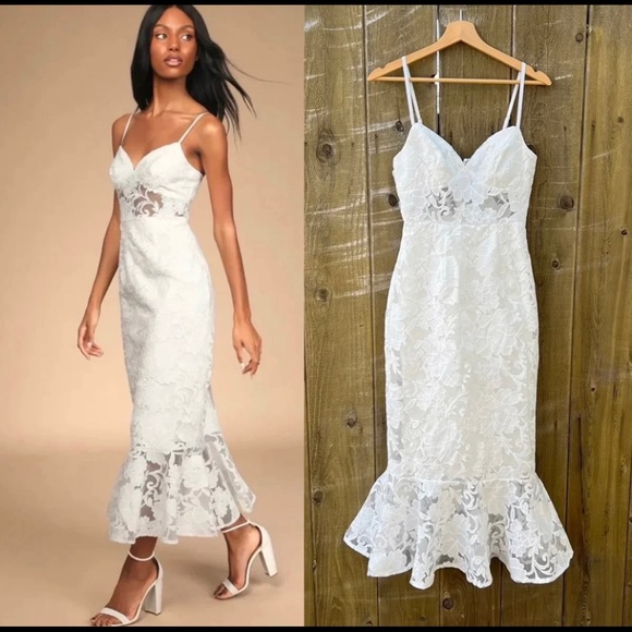 Lulus Dresses & Skirts - Ivory White Lace Trumpet Organza Midi Dress 🌿